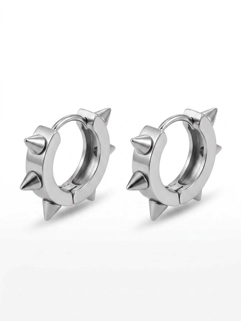 Men's Silver Spike Hoop Earrings - Stainless Steel Huggies